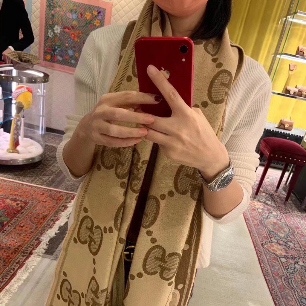 GUCCI DOUBLE-SIDED SCARF 200 CM IN COFFEE AND TAN BROWN WOOL AND SILK 398287
