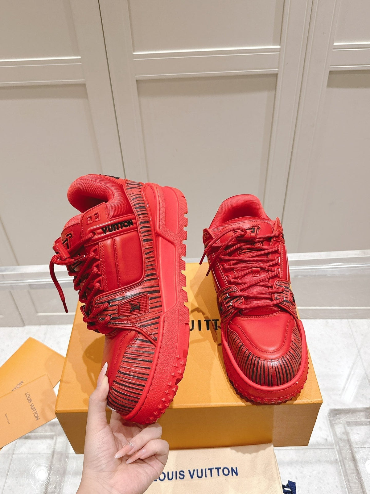 LOUIS VUITTON LV TRAINER MAXI LV X PARK SEO-BO IN RUBY RED CALFSKIN