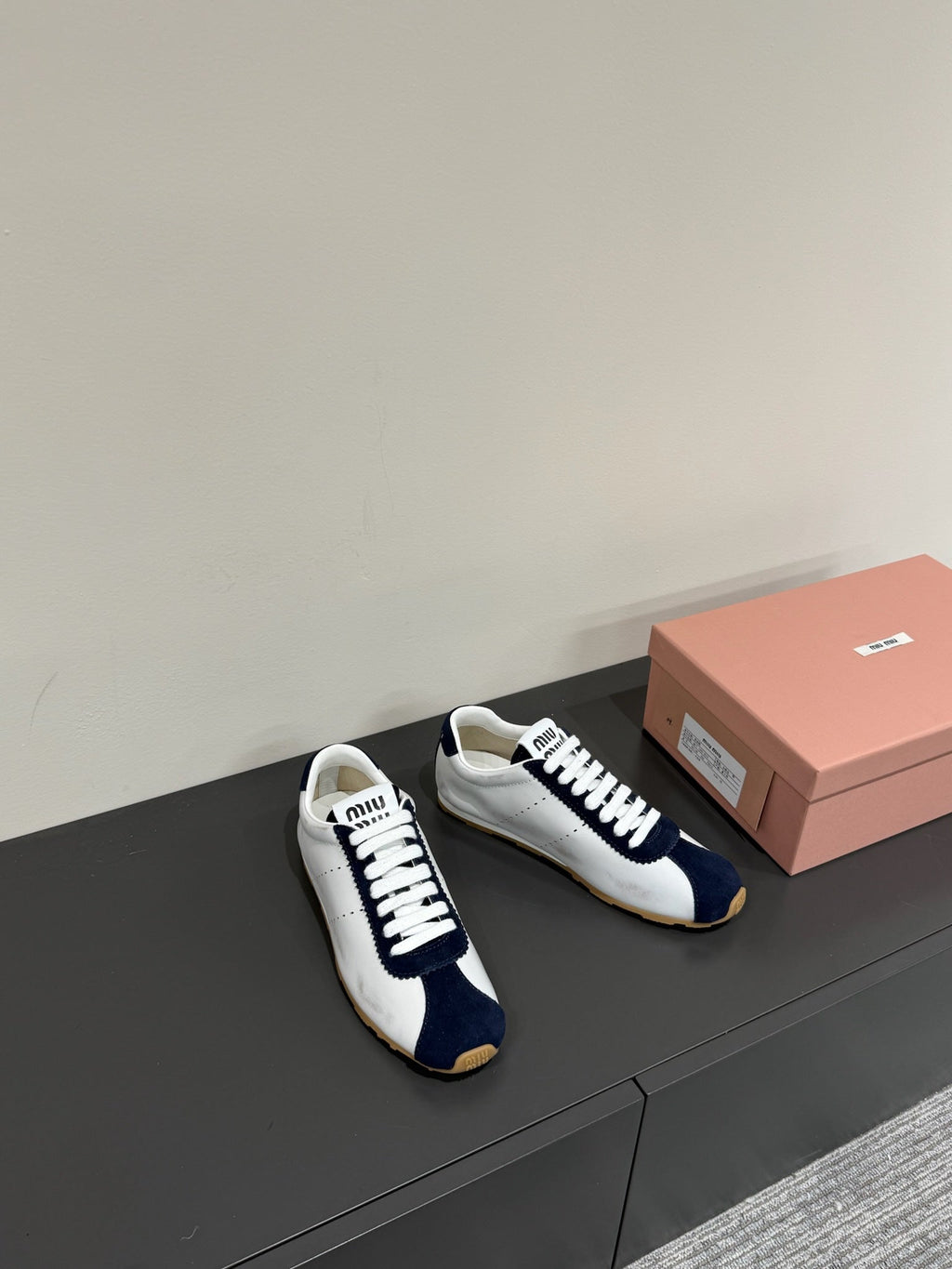 MIU MIU PLUME SNEAKERS IN WHITE NAPPA LAMBSKIN AND NAVY SUEDE