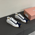 MIU MIU PLUME SNEAKERS IN WHITE NAPPA LAMBSKIN AND NAVY SUEDE