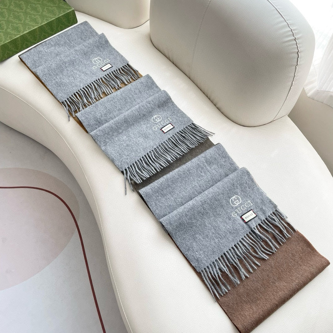 GUCCI SCARF 190 CM IN DOVE GRAY MIX CAMEL BEIGE CASHMERE AND WOOL 399761