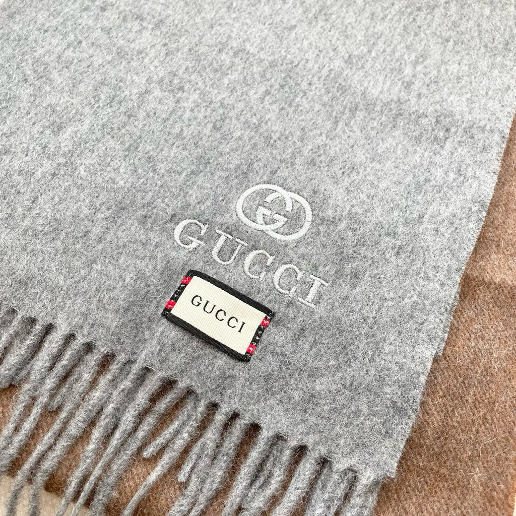 GUCCI SCARF 190 CM IN DOVE GRAY MIX CAMEL BEIGE CASHMERE AND WOOL 399761
