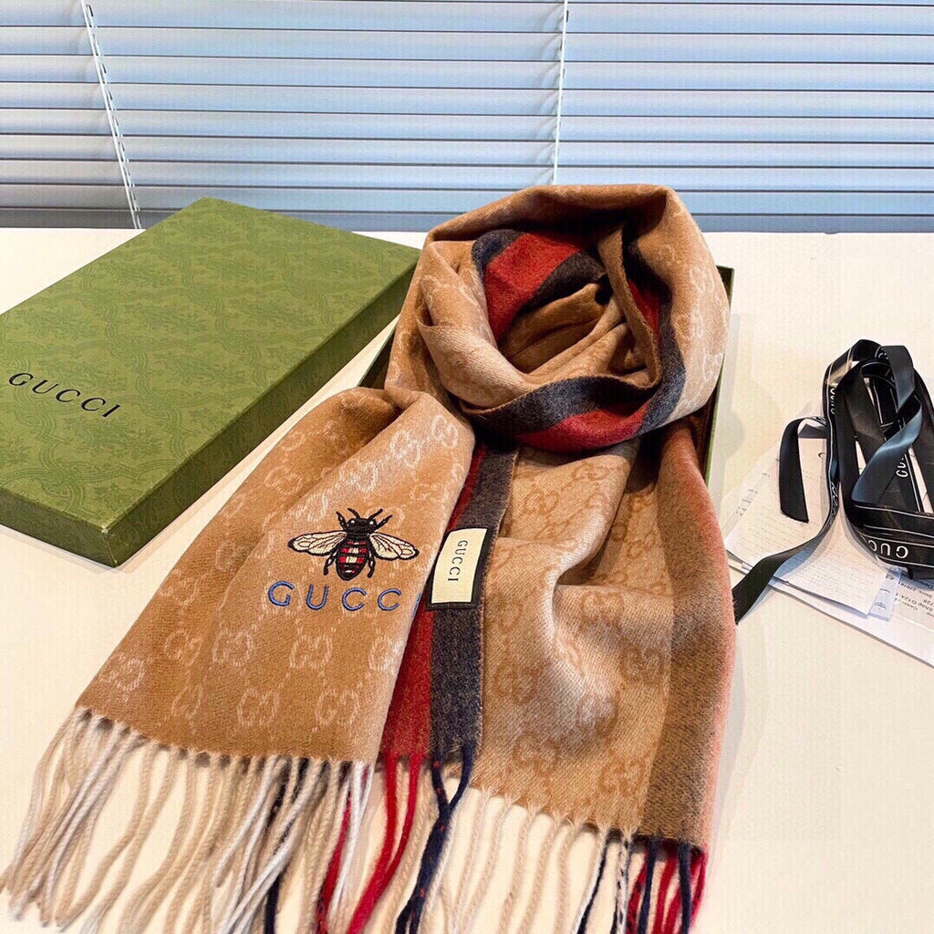 GUCCI STRIPED SCARF 200 CM IN TAWNY BROWN CASHMERE WITH EMBROIDERED BEE 398532