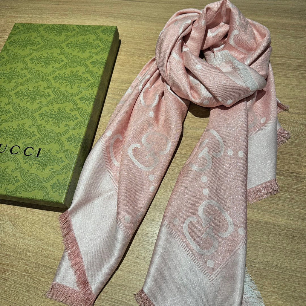 GUCCI JACQUARD SILK WOOL SHAWL 140 CM LIGHT PINK 401260