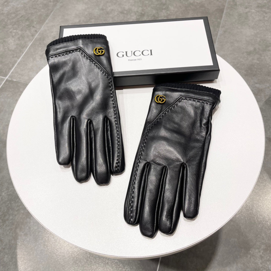 GUCCI TOUCHSCREEN GLOVES IN BLACK LAMBSKIN MIX WOOL 130577