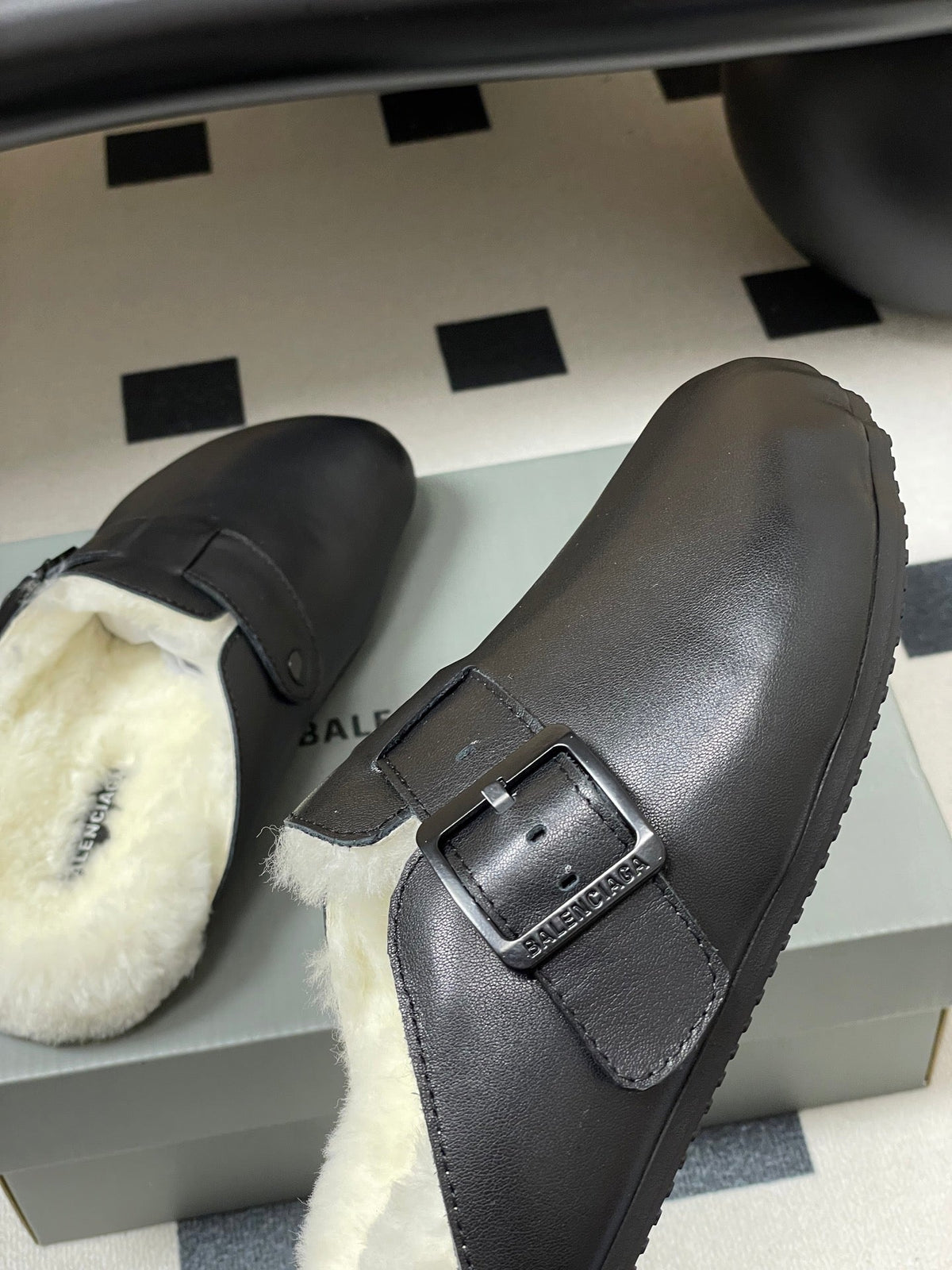 BALENCIAGA 25S FUR-LINED MULES IN BLACK FAUX LEATHER