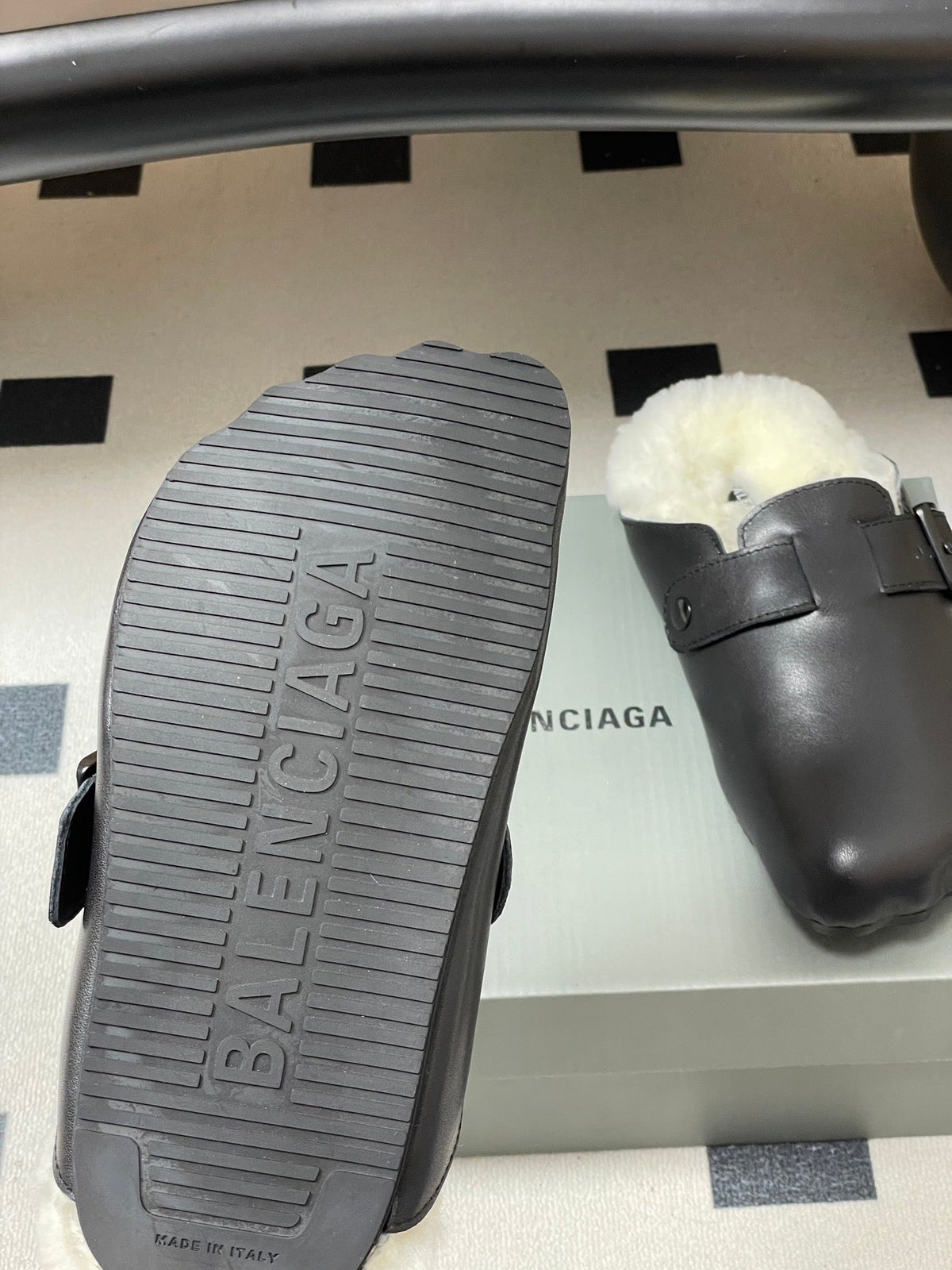BALENCIAGA 25S FUR-LINED MULES IN BLACK FAUX LEATHER