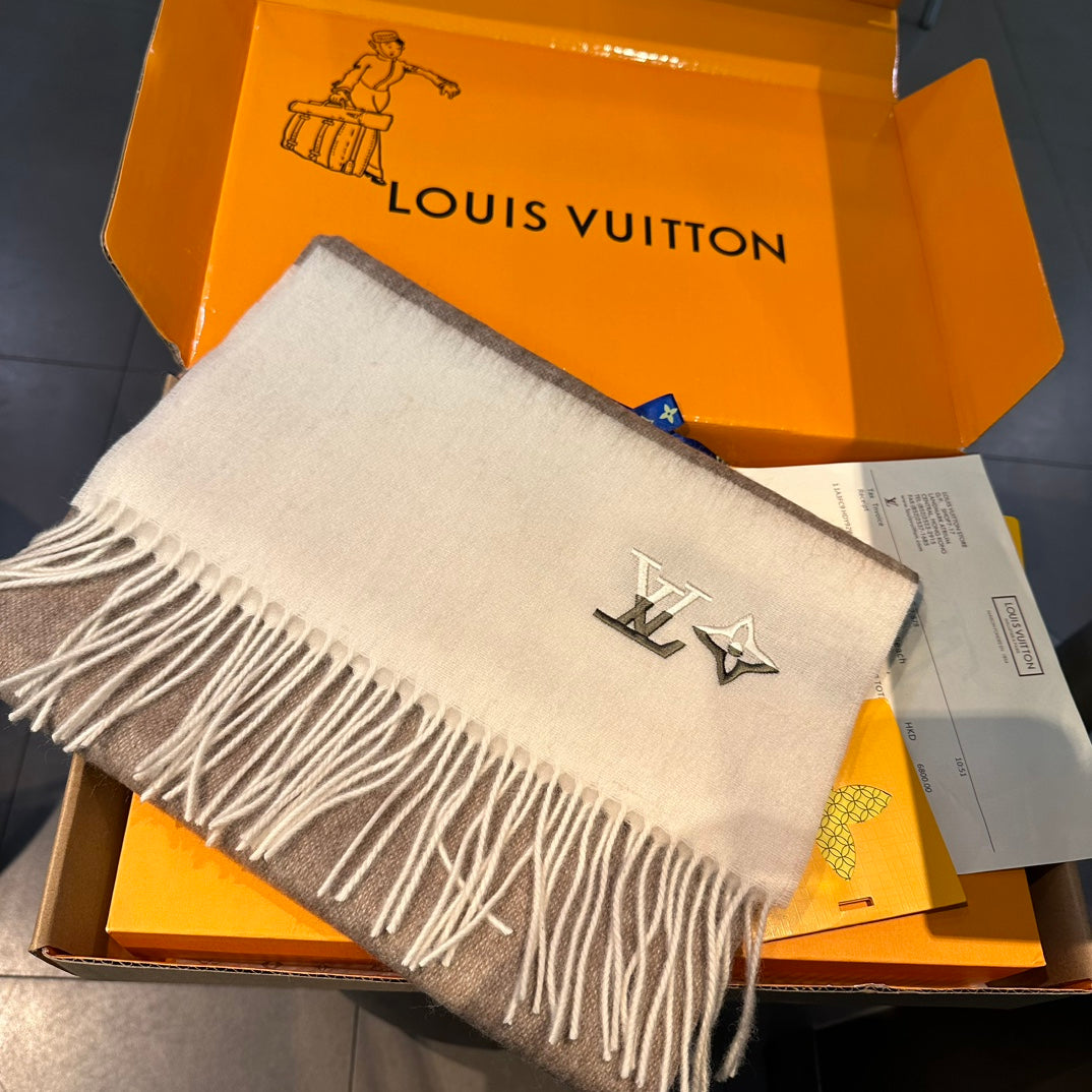 LOUIS VUITTON SCARF 185 CM IN MEDIUM BROWN MIX WHITE CASHMERE 390093