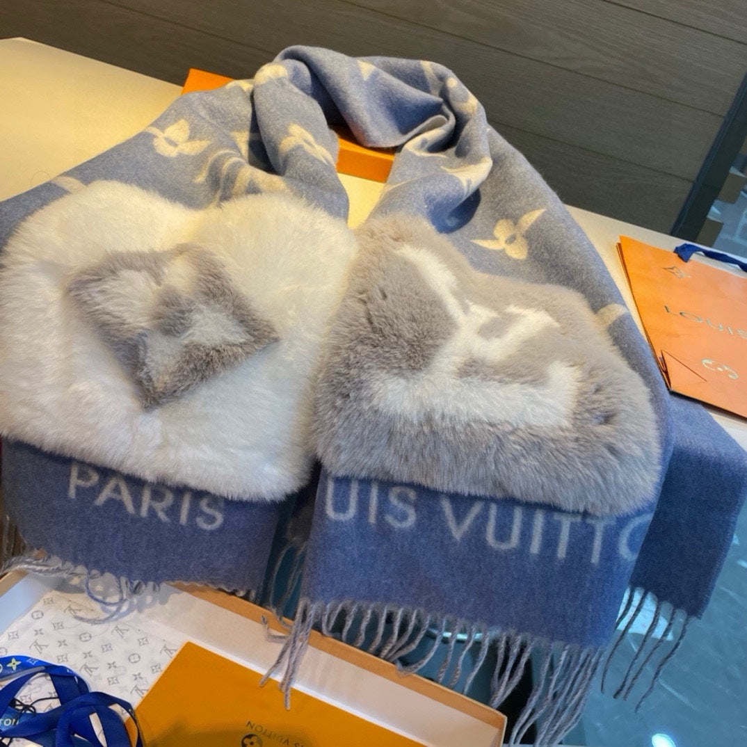 LOUIS VUITTON COLD REYKJAVIK SCARF 190 CM IN STEEL BLUE CASHMERE 394490