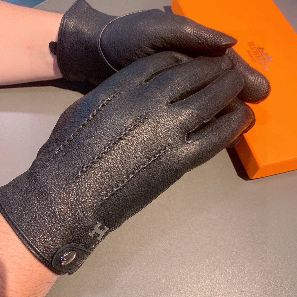 HERMES HUBERT GLOVES IN BLACK DEERSKIN WITH LAMB WOOL LINING 432639