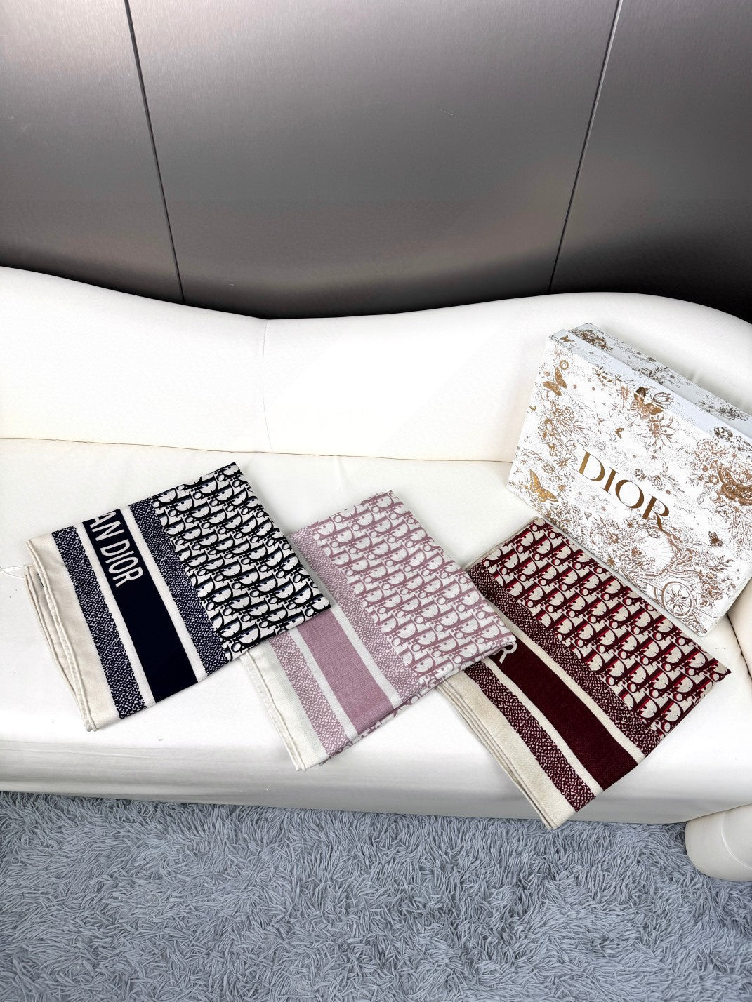 DIOR MONOGRAM SQUARE SCARF 140 CM IN BLACK MIX WHITE CASHMERE AND SILK 413742