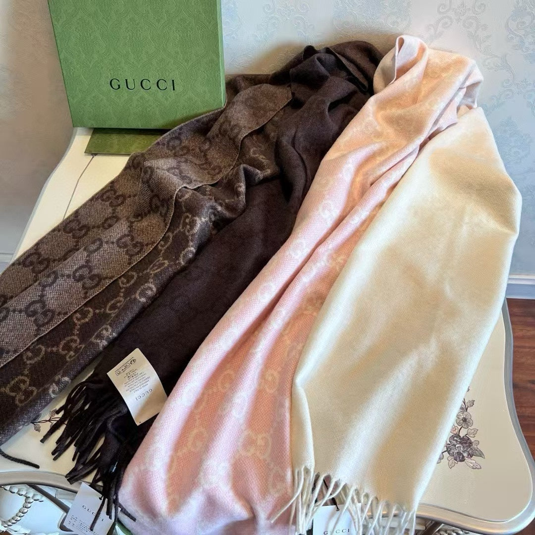 GUCCI SCARF 200 CM CHOCOLATE BROWN CASHMERE JACQUARD 405133