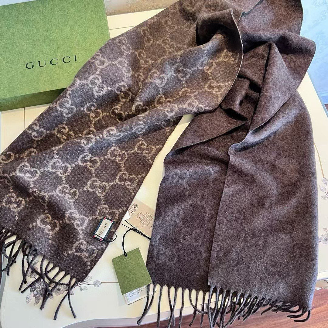 GUCCI SCARF 200 CM CHOCOLATE BROWN CASHMERE JACQUARD 405133
