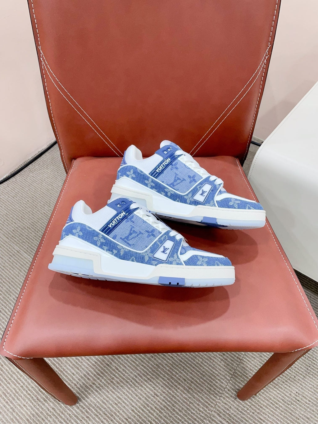 LOUIS VUITTON LV TRAINER SNEAKER IN CERULEAN BLUE MONOGRAM DENIM