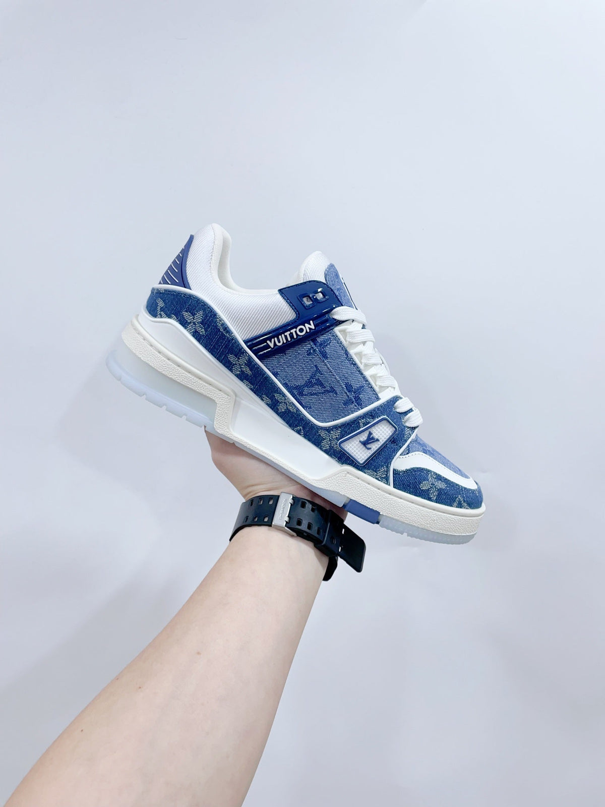 LOUIS VUITTON LV TRAINER SNEAKER IN CERULEAN BLUE MONOGRAM DENIM