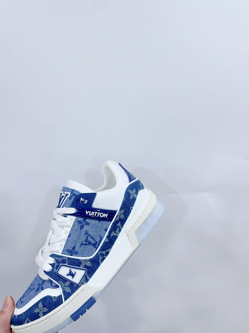 LOUIS VUITTON LV TRAINER SNEAKER IN CERULEAN BLUE MONOGRAM DENIM