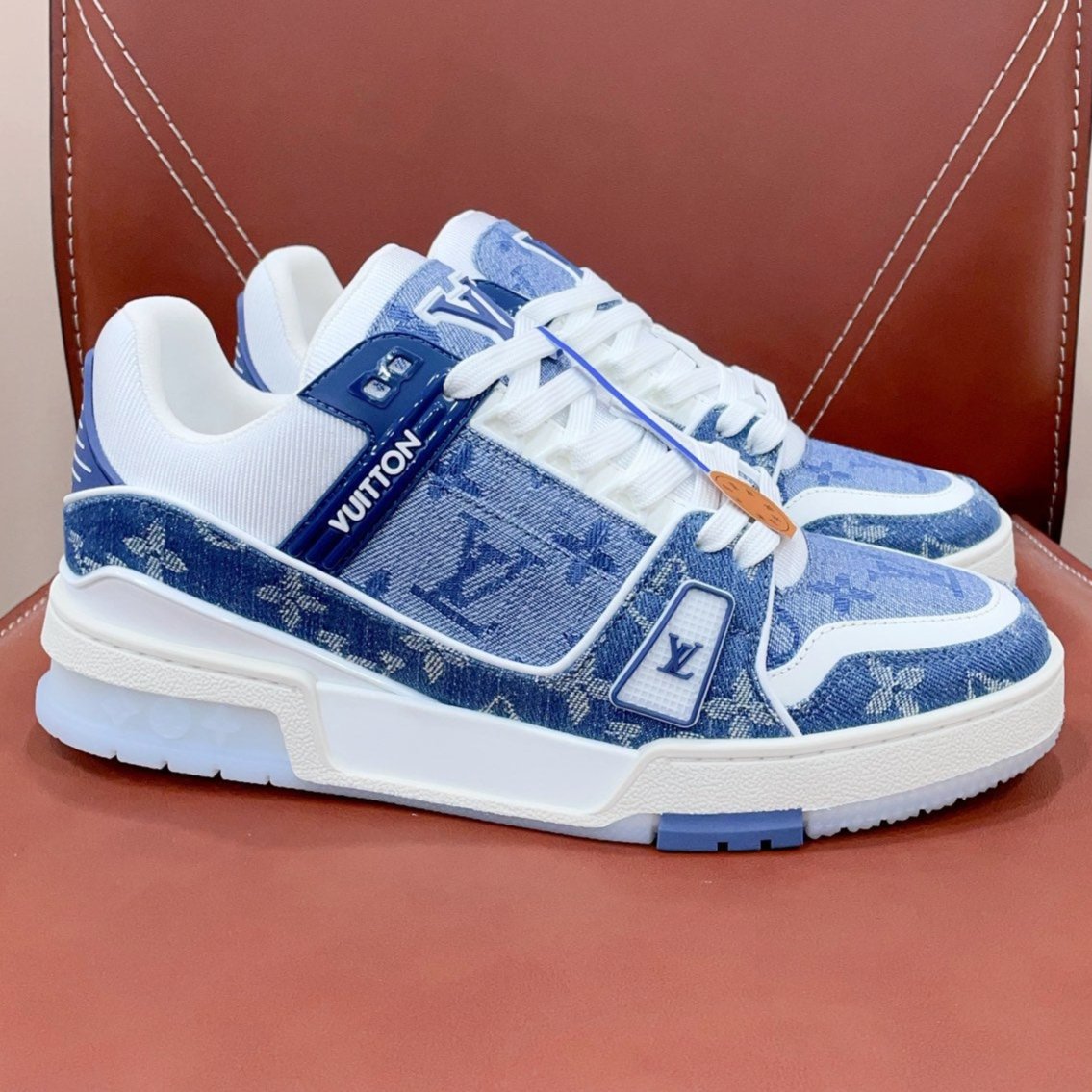 LOUIS VUITTON LV TRAINER SNEAKER IN CERULEAN BLUE MONOGRAM DENIM