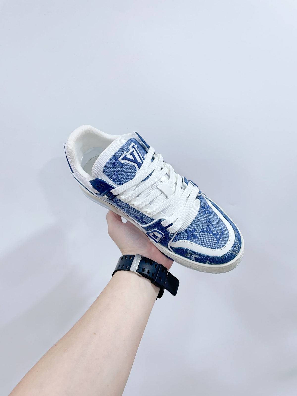 LOUIS VUITTON LV TRAINER SNEAKER IN CERULEAN BLUE MONOGRAM DENIM