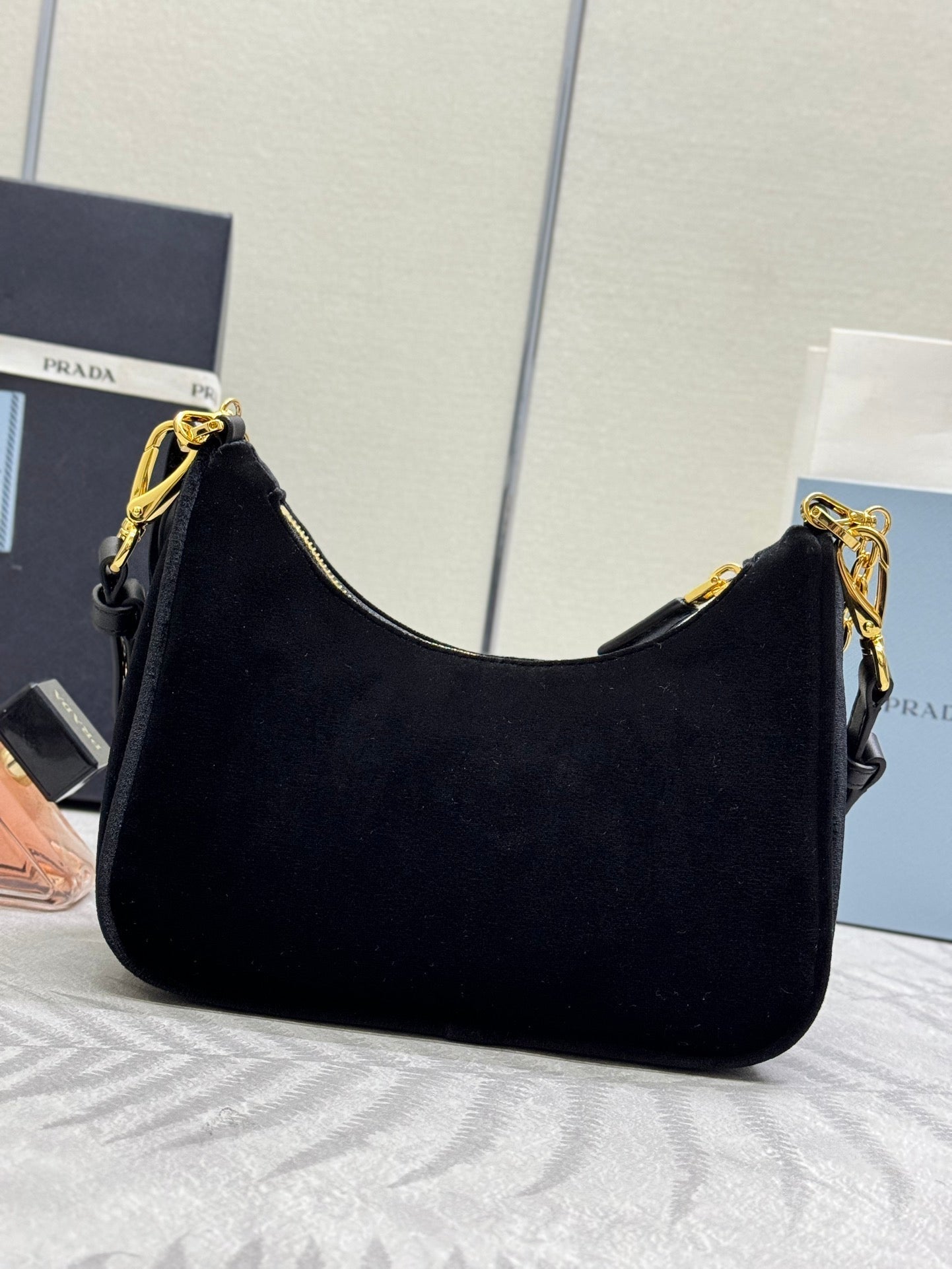 PRADA 25S MINI HOBO BAG 23 IN BLACK VELVET GOLD HARDWRE