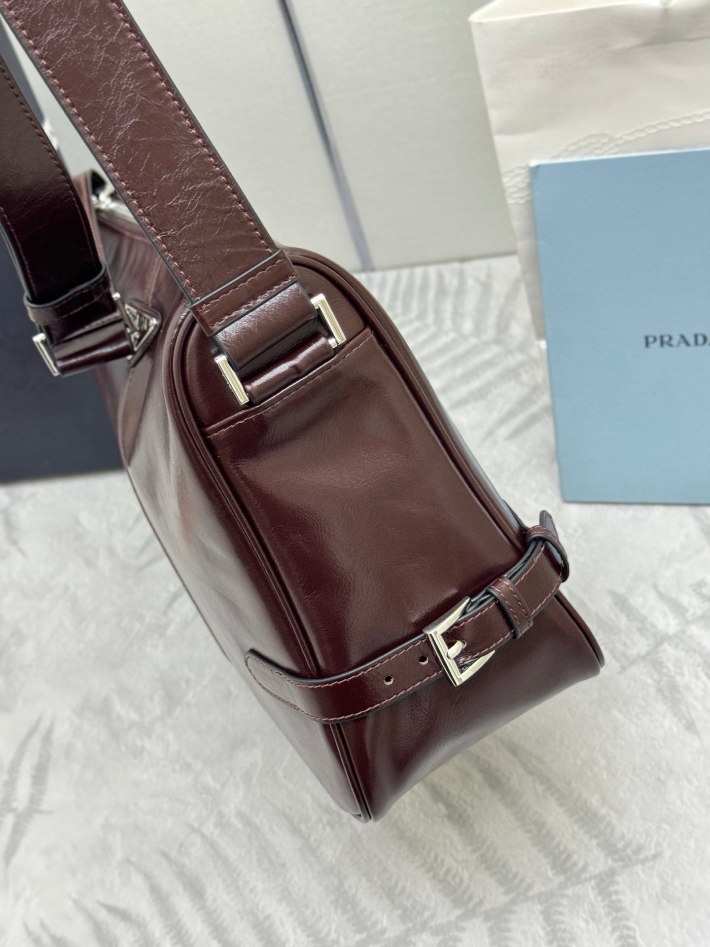 PRADA 25S SHOULDER BAG 35 IN RK BROWN CALFSKIN SILVER HARDWARE