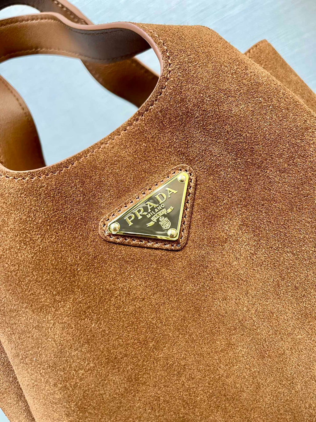 PRADA MINI TOTE BAG 18 IN RED BROWN SUEDE GOLD LOGO