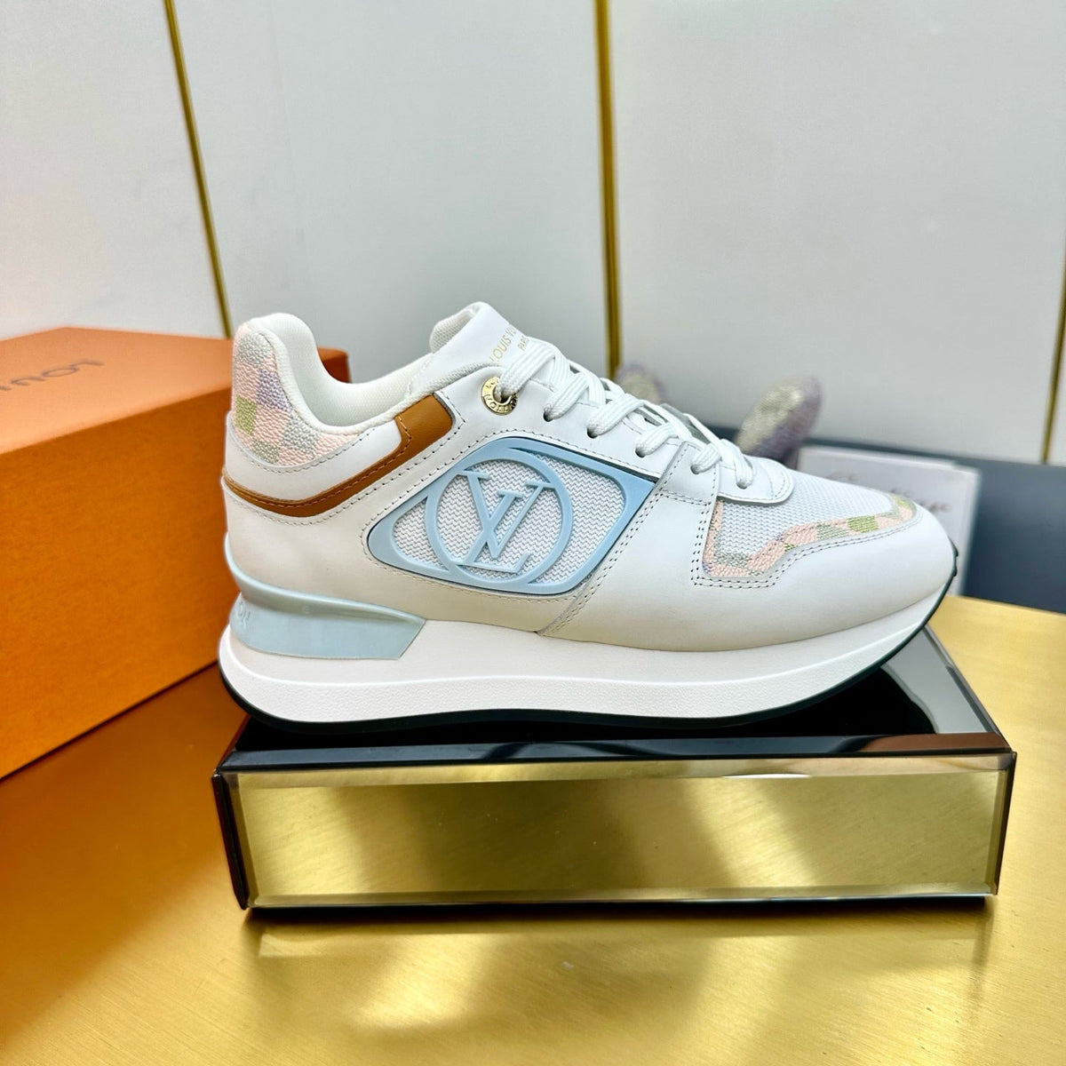 LOUIS VUITTON NEO RUN AWAY SNEAKER IN WHITE MIX LIGHT BLUE CALFSKIN