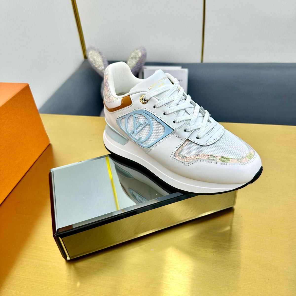 LOUIS VUITTON NEO RUN AWAY SNEAKER IN WHITE MIX LIGHT BLUE CALFSKIN