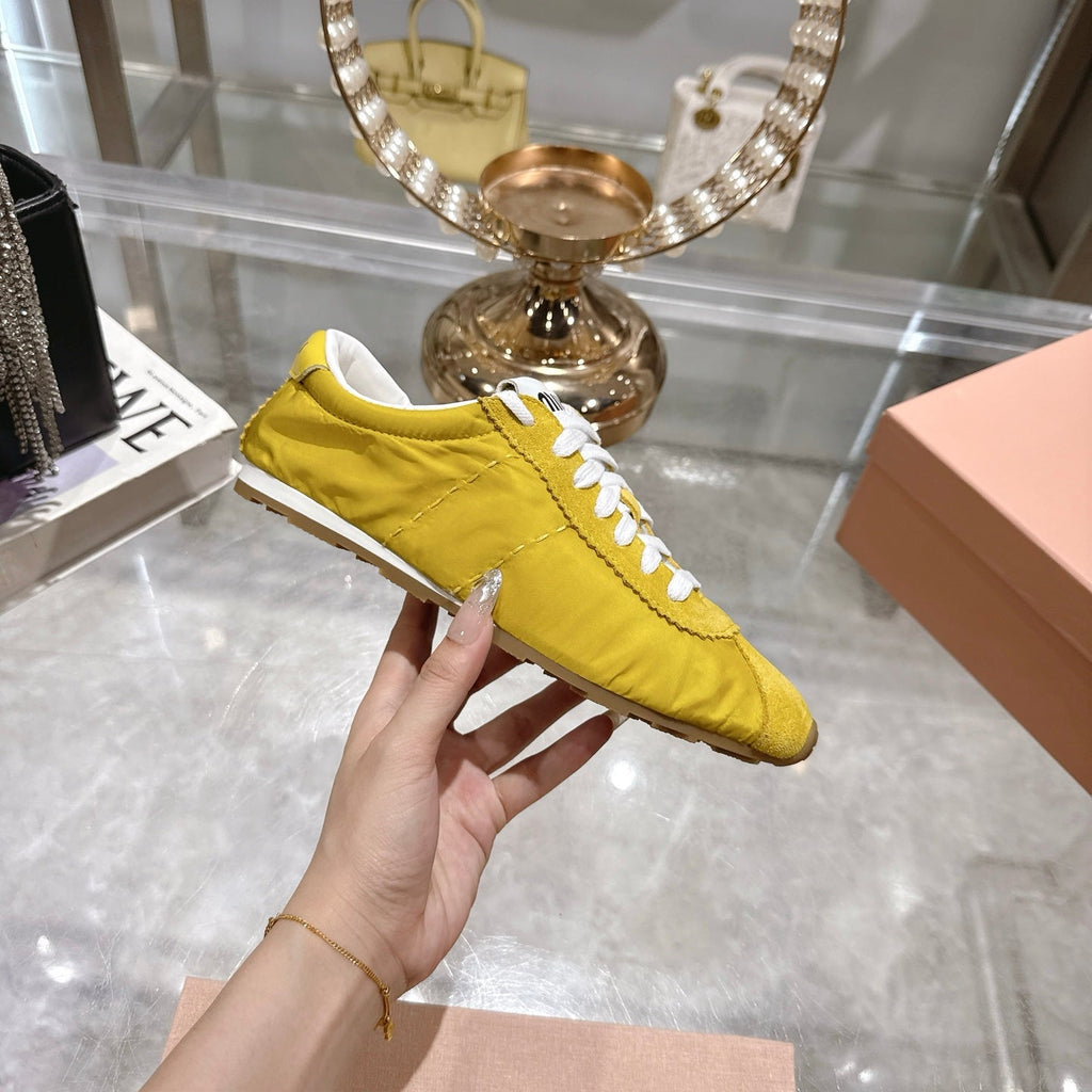 MIU MIU PLUME NAPPA SNEAKERS IN YELLOW SUEDE AND CANVAS