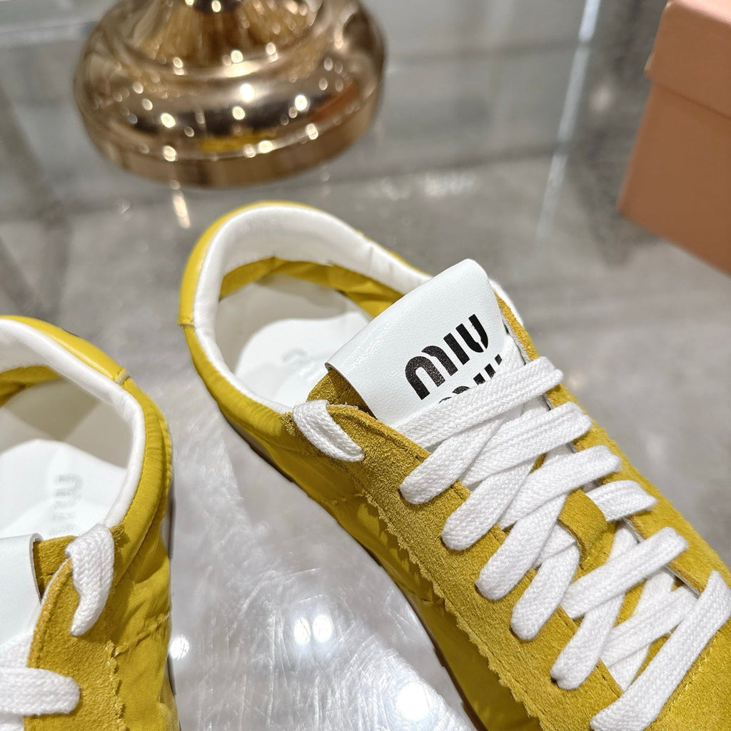 MIU MIU PLUME NAPPA SNEAKERS IN YELLOW SUEDE AND CANVAS