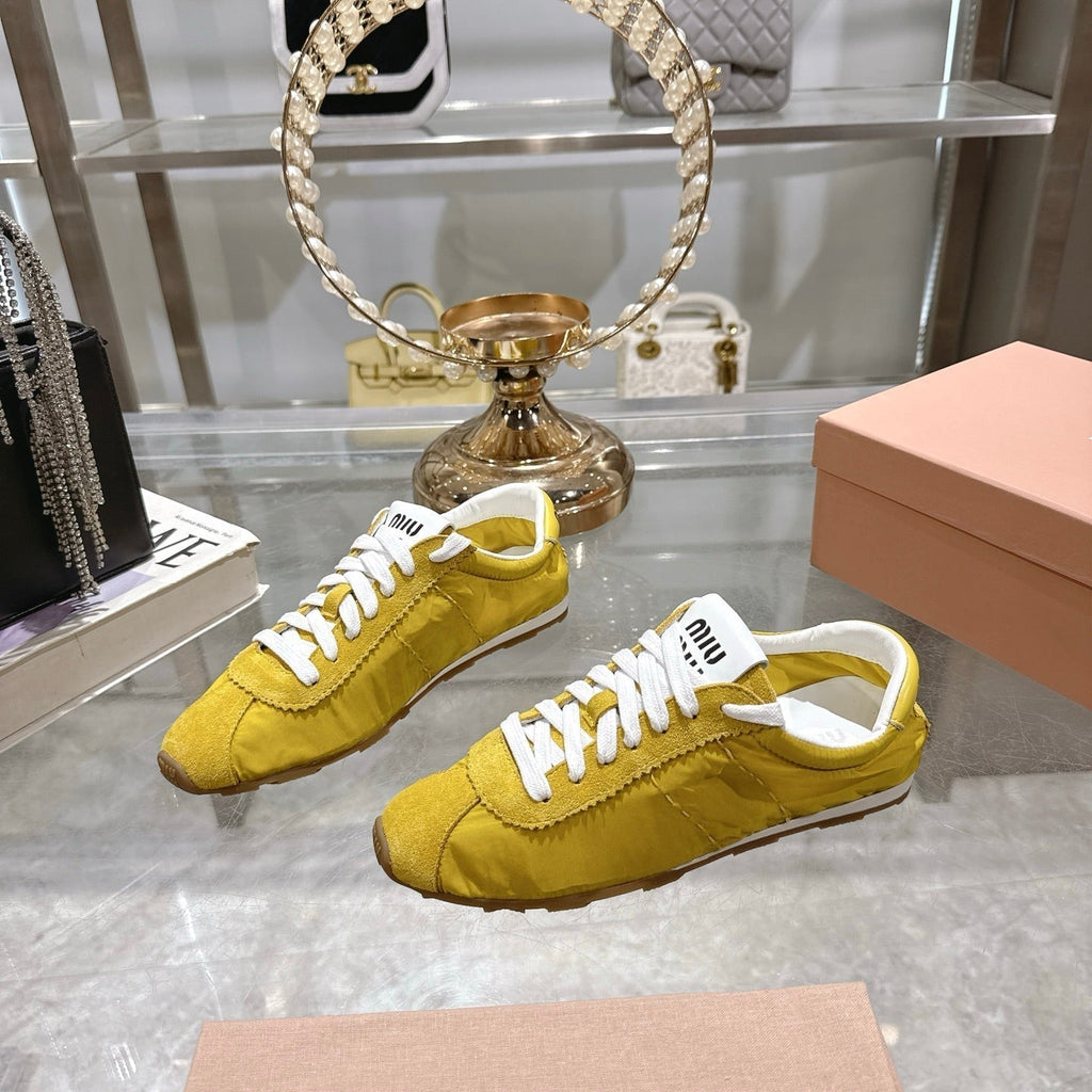 MIU MIU PLUME NAPPA SNEAKERS IN YELLOW SUEDE AND CANVAS