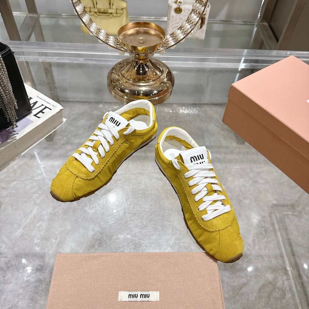 MIU MIU PLUME NAPPA SNEAKERS IN YELLOW SUEDE AND CANVAS