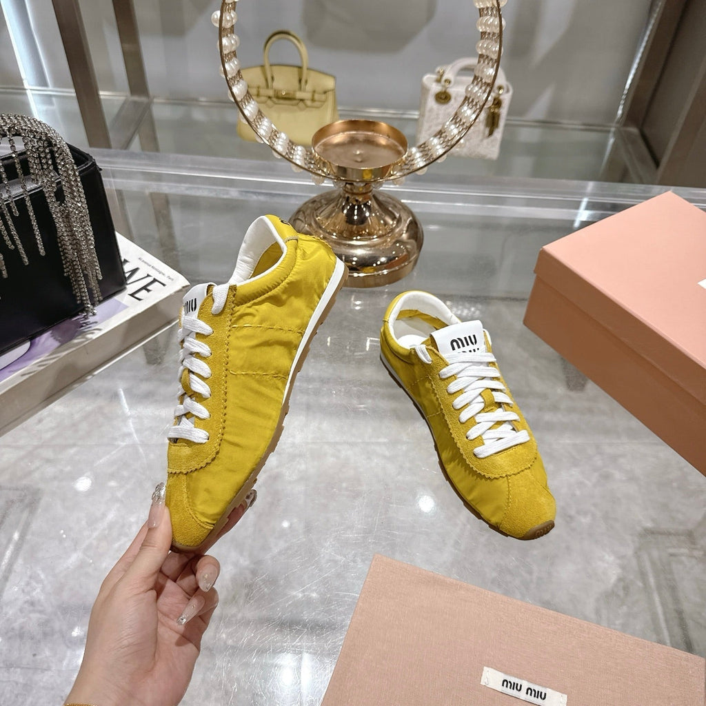 MIU MIU PLUME NAPPA SNEAKERS IN YELLOW SUEDE AND CANVAS