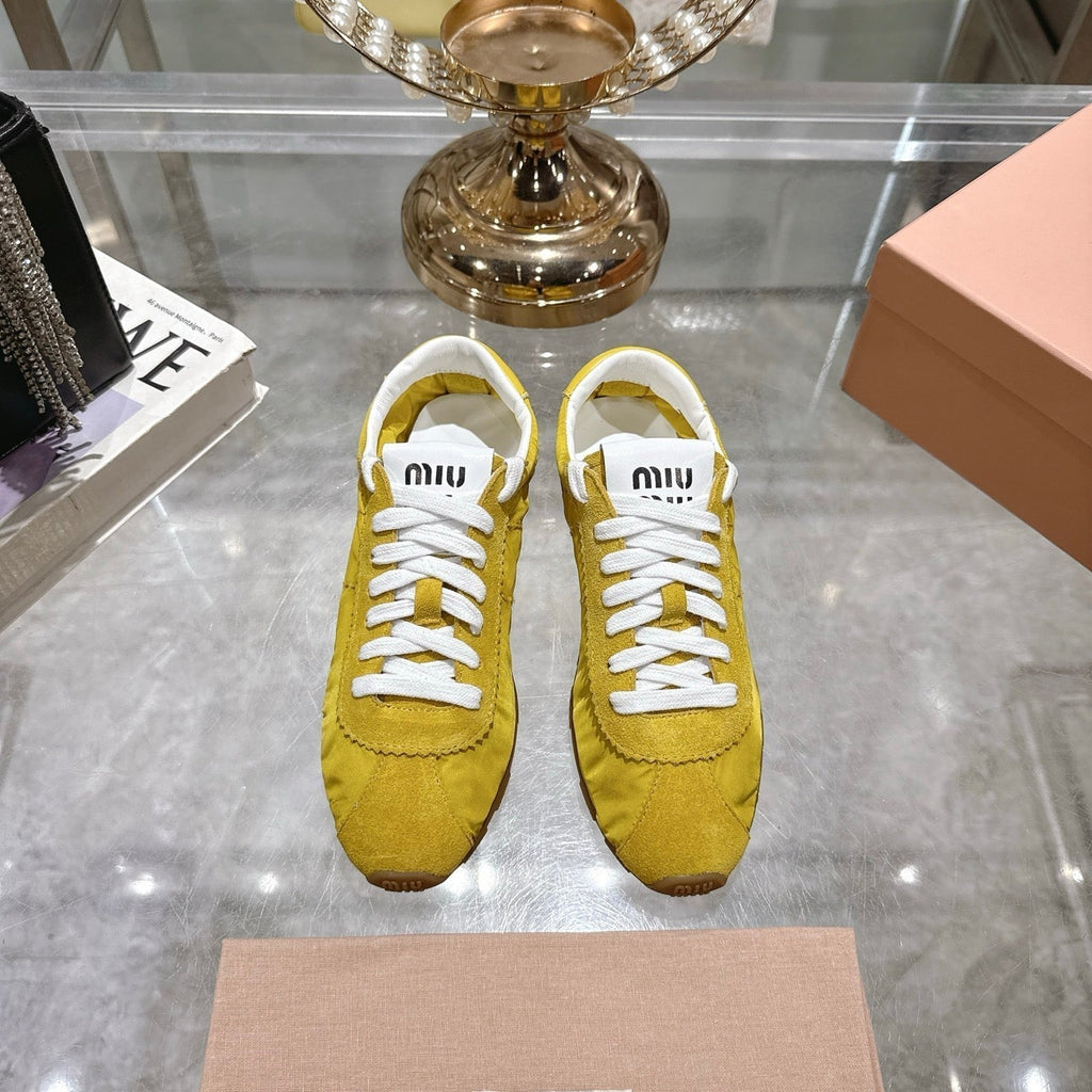 MIU MIU PLUME NAPPA SNEAKERS IN YELLOW SUEDE AND CANVAS