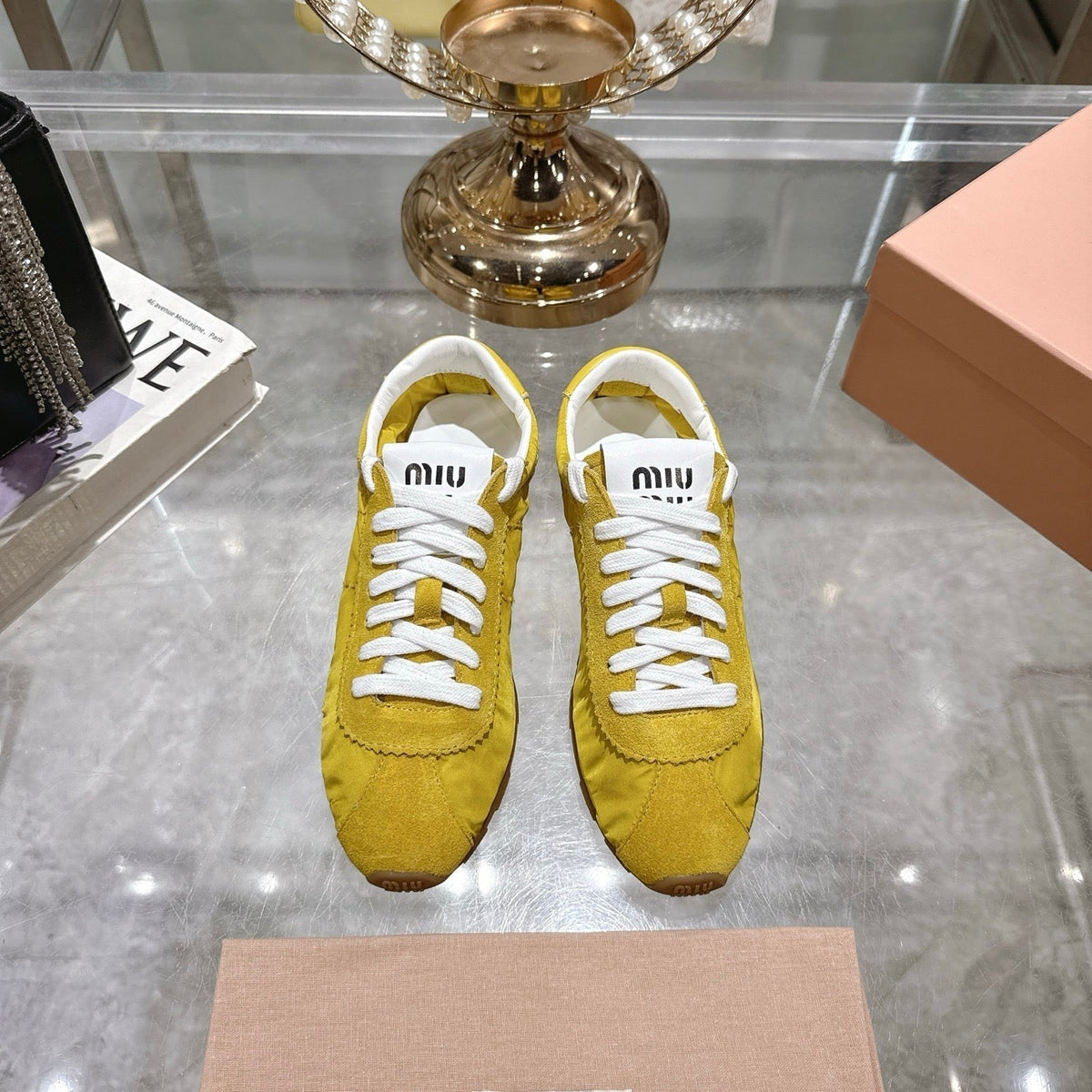 MIU MIU PLUME NAPPA SNEAKERS IN YELLOW SUEDE AND CANVAS