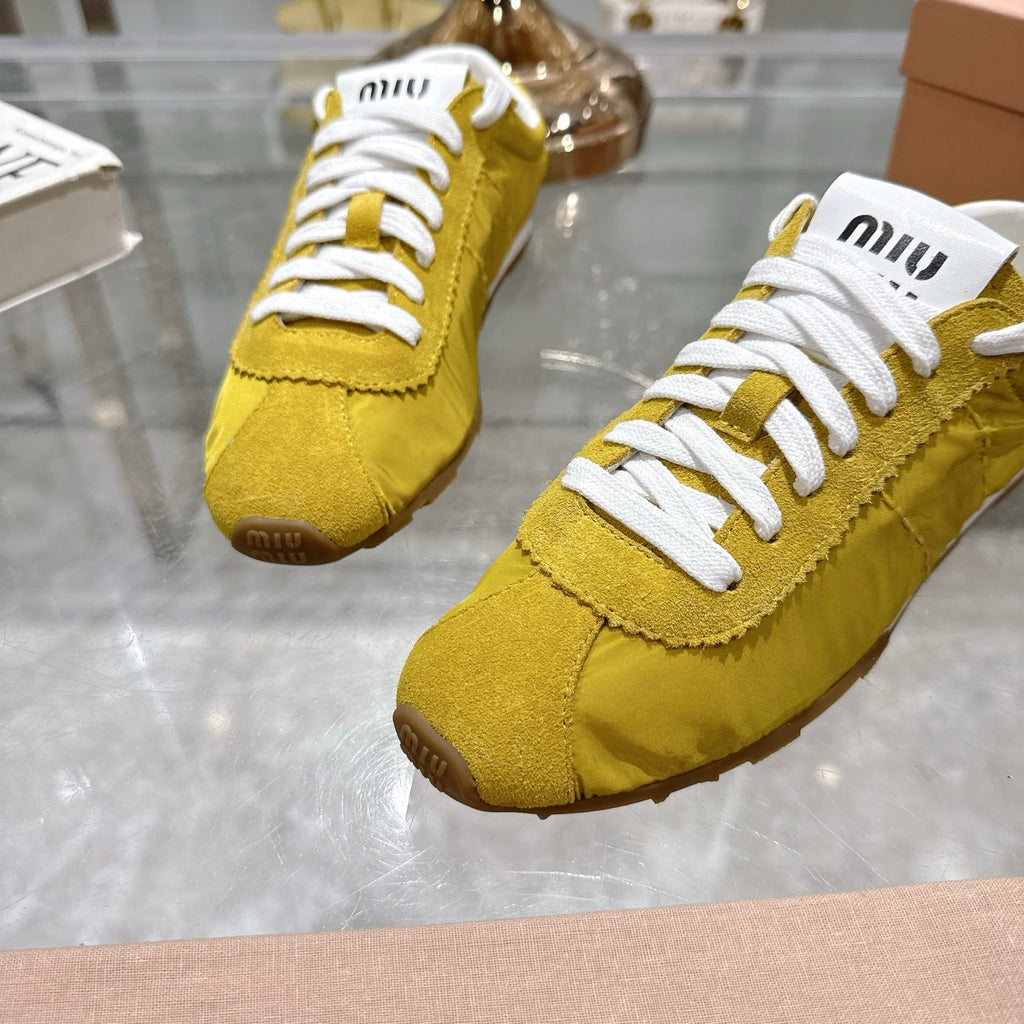 MIU MIU PLUME NAPPA SNEAKERS IN YELLOW SUEDE AND CANVAS