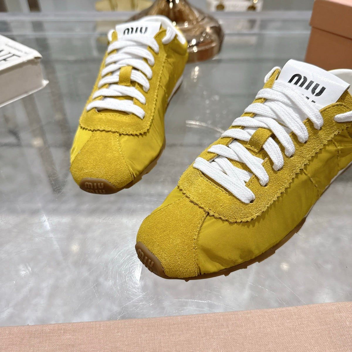 MIU MIU PLUME NAPPA SNEAKERS IN YELLOW SUEDE AND CANVAS