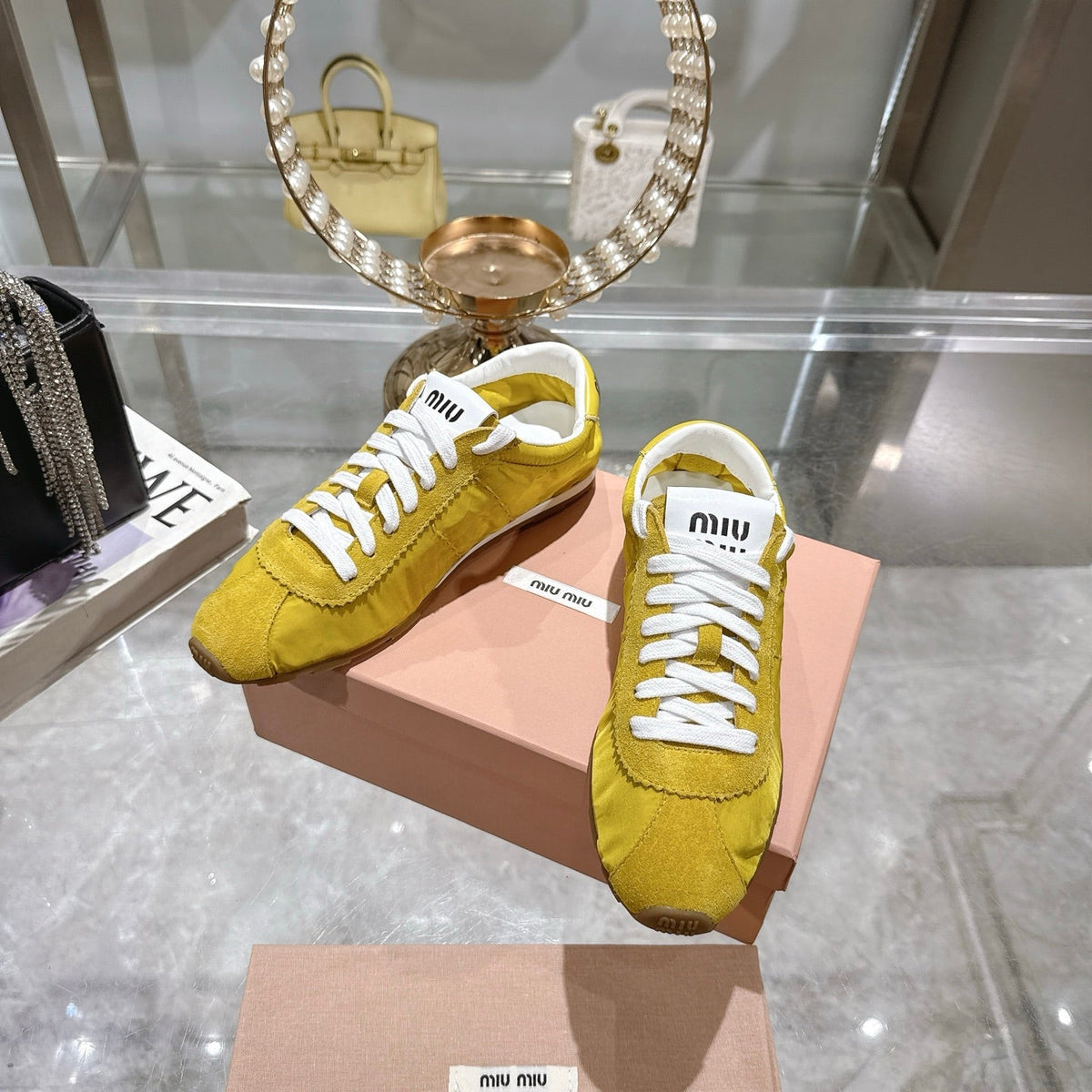 MIU MIU PLUME NAPPA SNEAKERS IN YELLOW SUEDE AND CANVAS