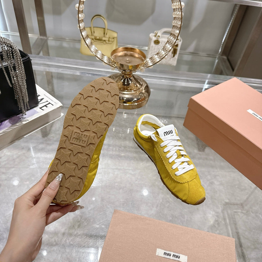 MIU MIU PLUME NAPPA SNEAKERS IN YELLOW SUEDE AND CANVAS