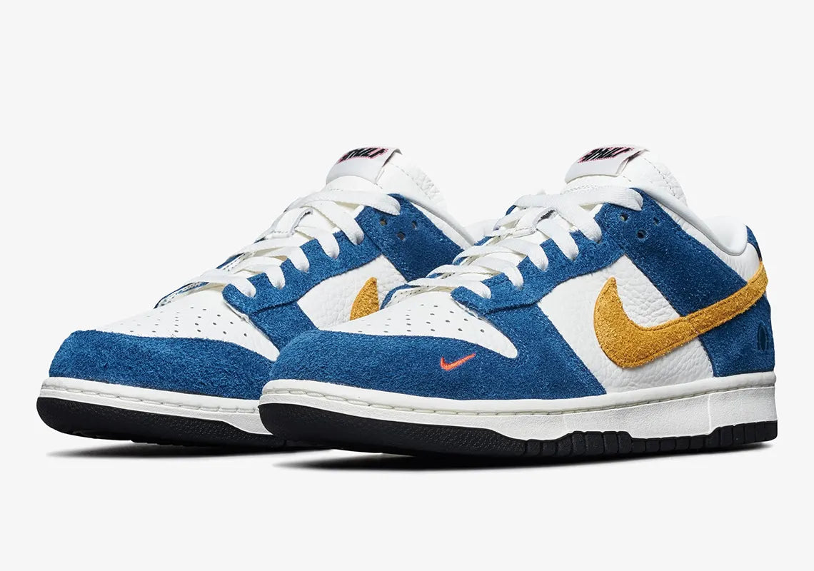 golden Nike Dunk Low Blue Suede